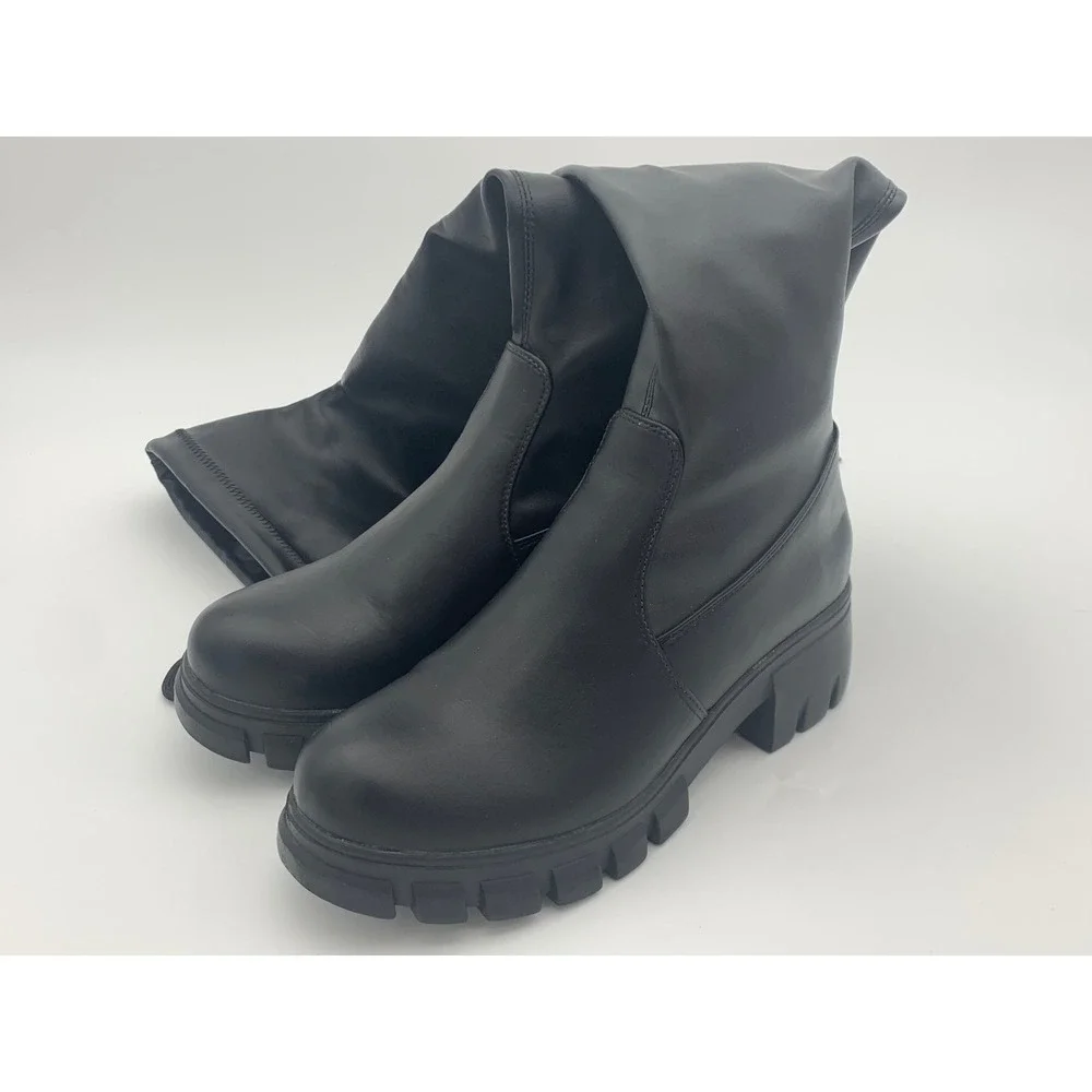 Womens Black Over The Knee Lug Sole Platform Boots Chunky Heel Size 7‎ Tie Top
